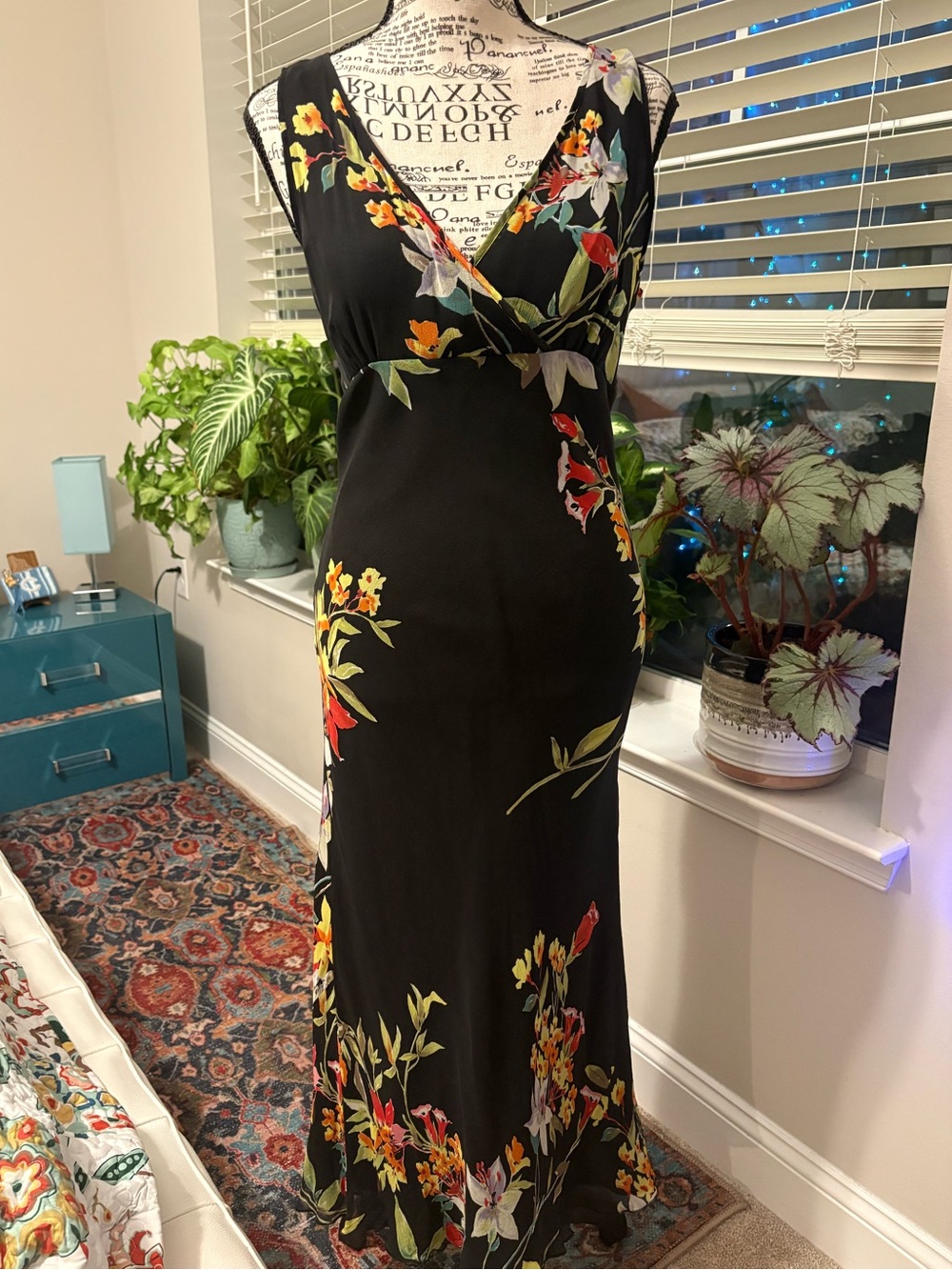 Silk Karen Kane Black Floral Wrap Maxi Dress with Multicolor Blooms